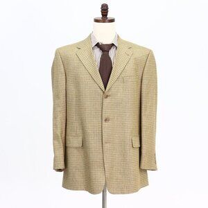 Hart Schaffner Marx 46R Beige Sport Coat Blazer Jacket Check 3B Silk B589